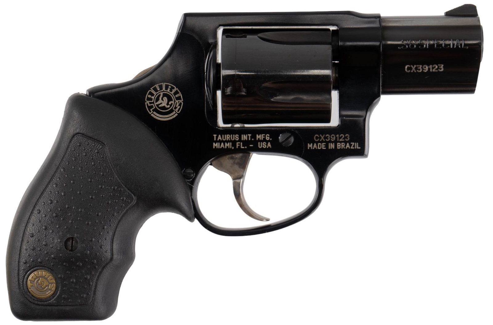Taurus 85 Ultra Lite 38 Special Revolver: Serial: CX39123 Manufacturer: Taurus Model: 85 Ultra Lite Caliber: 38 Special Barrel length: 2 in. OAL: 6.75 in. Condition: Very Good: Rubber grips have light handling marks; alloy frame has near no h