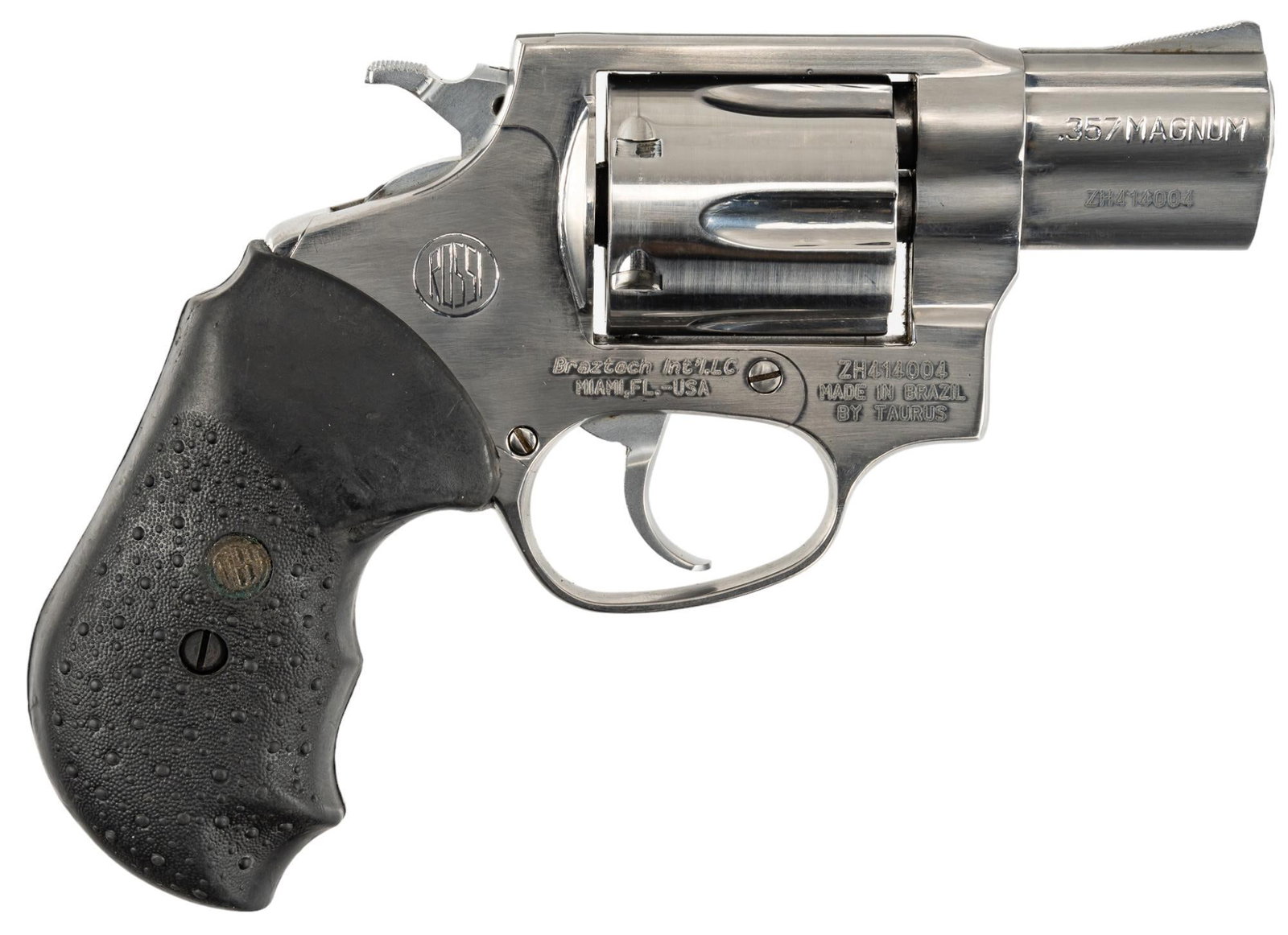 Rossi 462 357 Magnum Revolver: Serial: ZH414004 Manufacturer: Rossi Model: 462 Caliber: 357 Magnum Barrel length: 2 in. OAL: 7.25 in. Condition: Very Good: Rubber grips have light handling marks; Brushed steel frame cylinder and ba