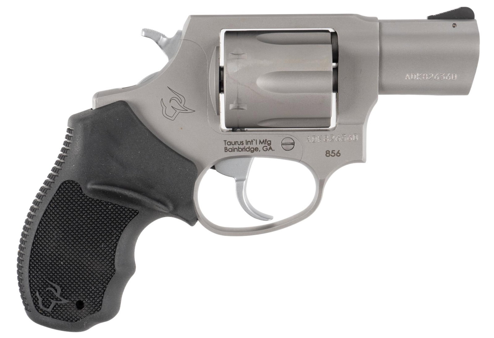 Taurus 856 38 Special Revolver: Serial: ADK826360 Manufacturer: Taurus Model: 856 Caliber: 38 Special Barrel length: 2.1 in. OAL: 7 in. Condition: Excellent: Rubber grips have near no handling marks; matte stainless frame, cylinder 