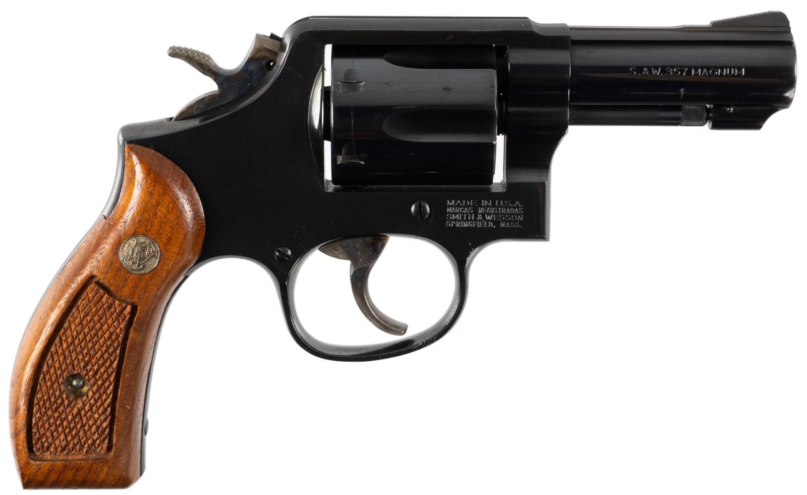 Smith & Wesson 13-4 357 Magnum Revolver: Serial: BKP9359 Manufacturer: Smith & Wesson / Century Arms import Model: 13-4 Caliber: 357 Magnum Barrel Length: 3 in. OAL: 8 in. Condition: Very Good; Walnut grips have very light handling marks