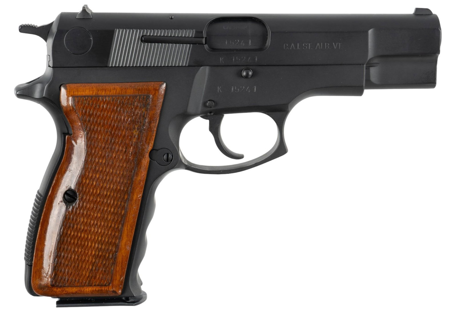 Hungarian FEG P9RK 9mm Semi Auto Pistol: Serial: K15241 Manufacturer: FEG-Hungary / Century Arms Import Model: P9RK Caliber: 9mm Barrel length: 4.25 in. OAL: 7.75 in. Condition: Very Good; wood grips have light handling marks; slide & fr