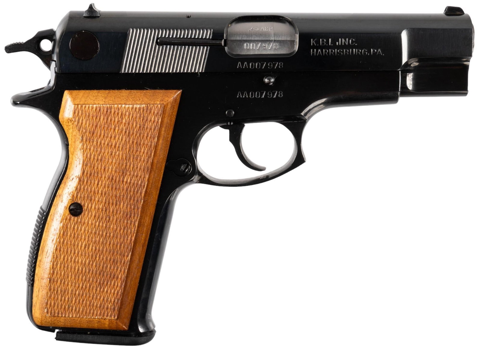 Excellent Hungarian FEG GKK-45C 45 ACP Semi Auto Pistol: Serial: AA0079778 Manufacturer: FEG-Hungary / KBI Inc. Model: GKK-45C Caliber: 45 ACP Barrel length: 4.25 in. OAL: 7.75 in. Condition: Excellent / Like New; very few signs of handling; bore is excelle
