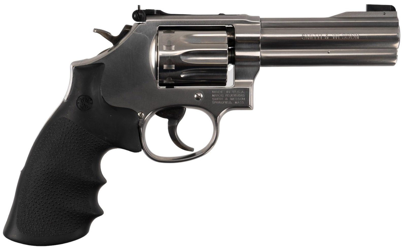 Smith & Wesson Model 617-6 22 LR Revolver: Serial: CPJ9770 Manufacturer: Smith & Wesson Model: 617-6 Caliber: 22 LR (10-rd cylinder) Barrel Length: 4.25 in. OAL: 9.25 in. Condition: Good; rubber grip has light handling marks; barrel, frame