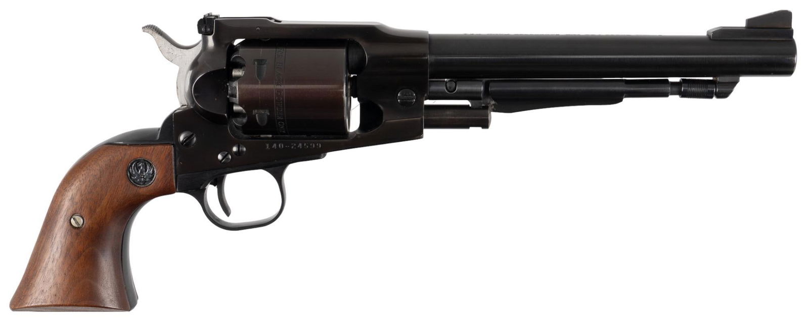 Ruger Old Army 44 Cal Black Powder Revolver: Serial: 140-24599 Manufacturer: Ruger Model: Old Army Caliber: 45 Cal Barrel length: 7.5 in OAL: 13.5 in Condition: Very Good;walnut grips have light handling marks with good medallions; fame, grip, c