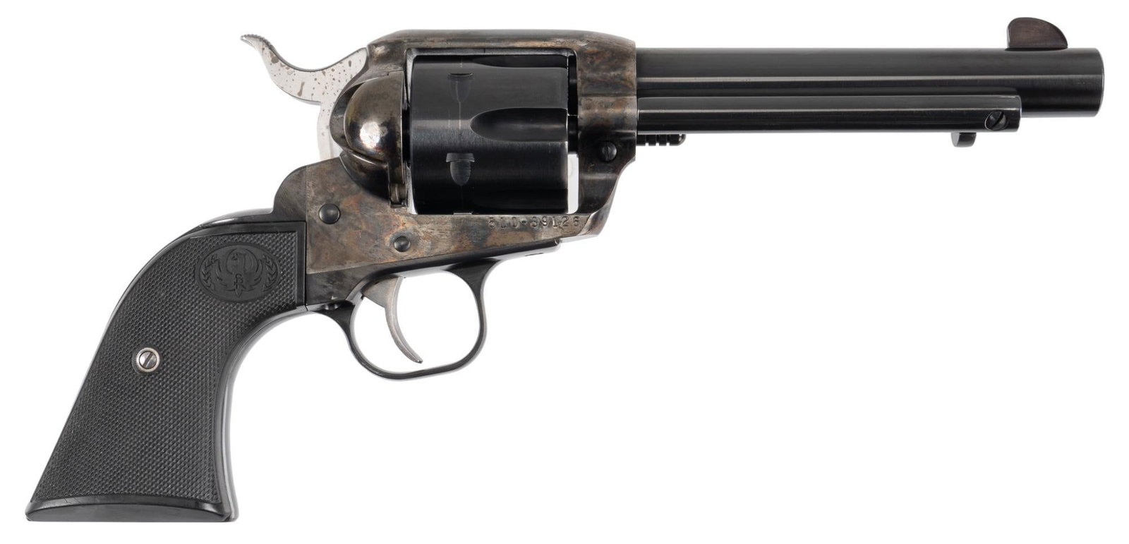 Ruger New Vaquero 357 Magnum Revolver: Serial: 510-39126 Manufacturer: Sturm, Ruger & Co. Model: New Vaquero Caliber: 357 Mag Barrel length: 5.5 in. OAL: 11 in. Condition: Very Good; plastic grips have light handling marks; barrel, fra