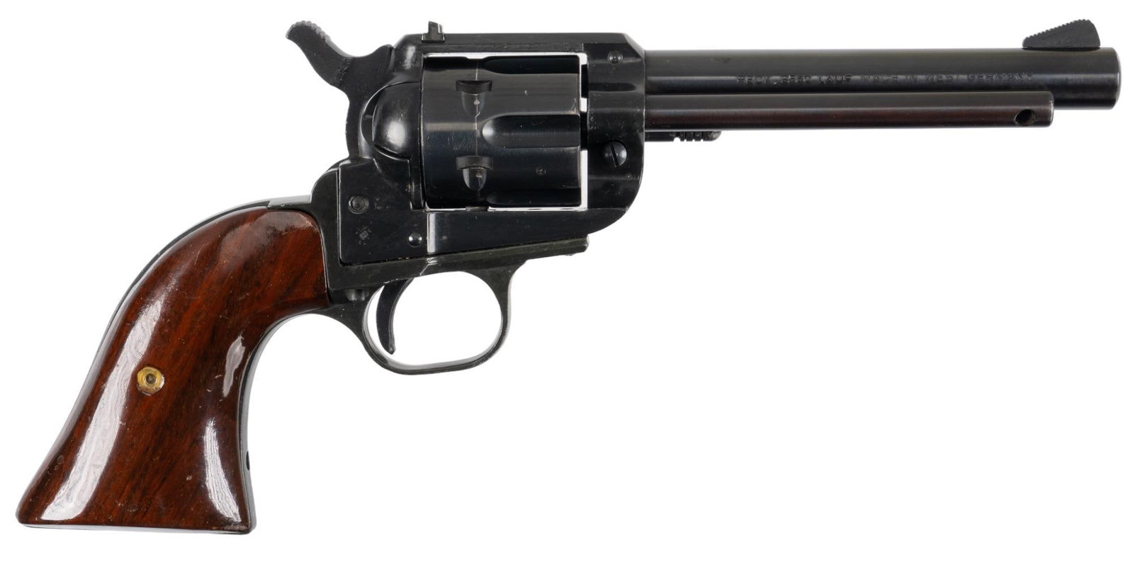 Liberty Arms R12 22 LR Revolver: Serial: 122578 Manufacturer: Reck-W. Germany / Liberty Arms Model: R12 Caliber: 22 LR Barrel length: 5 in. OAL: 10.5 in. Condition: Good; wood grips have moderate handling marks; barrel, frame & c