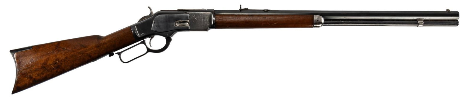 Antique Winchester 1873 44-40 Lever Action Rifle: Serial: 284566B Manufacturer: Winchester (c. 1888) Model: 1873 Caliber: 44 W.C.F. (44-40) Barrel length: 24 in OAL: 41 in Condition: Fair; Walnut stock and forend have been refinished, with handling m