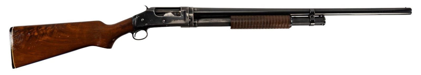 Winchester 1897 12 Gauge Pump Action Shotgun: Serial: 428108 Manufacturer: Winchester (c.1908) Model: 1897 Caliber: 12 Gauge Barrel length: 26 in. (Fixed full choke) OAL: 45.5 in. Condition: Good- Fair; Walnut stock & forend have light handli