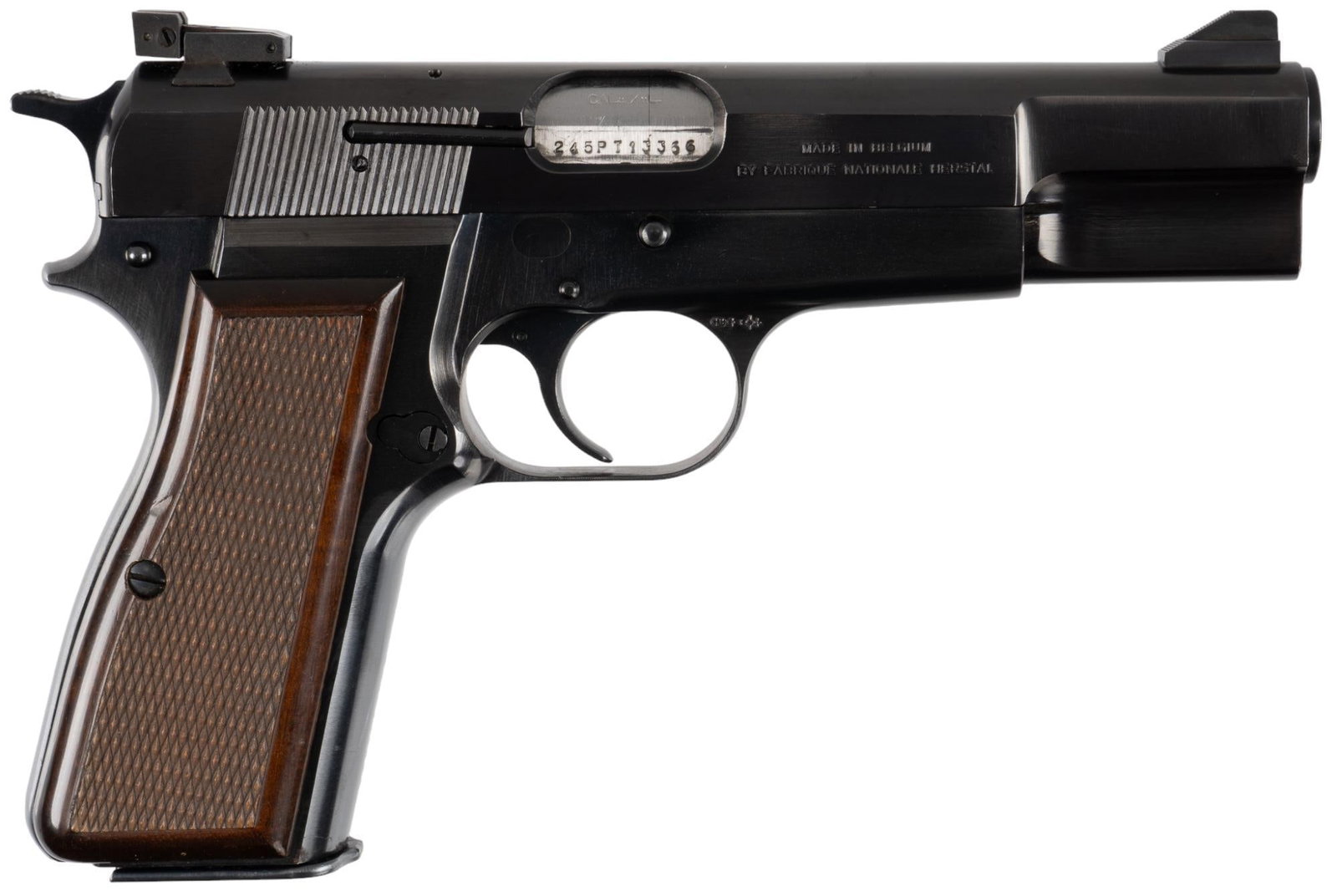 Belgian Browning Hi Power 9mm Semi Auto Pistol: Serial: 245PT13366 Manufacturer: FN-Belgium / Browning Arms Co. (c. 1986) Model: Hi-Power Model 4033 Caliber: 9mm Barrel length: 4.75 in. OAL: 7.75 in. Condition: Excellent; wood grips have very light