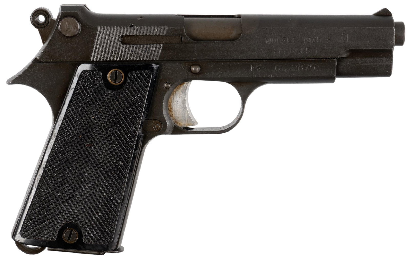 French Sagem M1935S 7.65 French Long Pistol: Serial: G2879 Manufacturer: Sagem-France Model: Modele 1935S M1 Caliber: 7.65 French Long Barrel length: 4.125 in. OAL: 7.5 in. Condition: Good; plastic grips have moderate handling marks; slide &