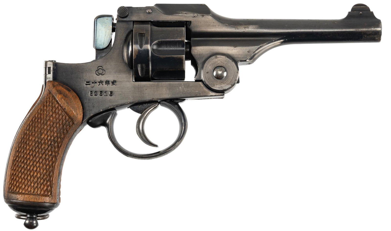 Japanese Type 26 9mm Nambu DAO Revolver: Serial: 52515 Manufacturer: Tokyo Arsenal-Japan Model: Type 26 Caliber: 9mm Nambu Barrel length: 4.625 in. OAL: 9 in. Condition: Very Good; wood grips have light handling marks; barrel, frame & cy
