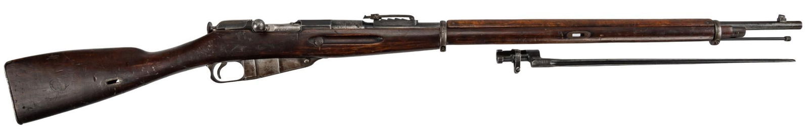 WWI Imperial Russian Mosin-Nagant M1891 7.62x54R Rifle W/ Bayonet: Serial: 62777 Manufacturer: Izhevsk Arsenal-Russia (c. 1916) Model: M91 Mosin-Nagant Caliber: 7.62x54R Barrel length: 32 in. OAL: 51.5 in. Condition: Fair-Good; wood stock has handling marks & pat