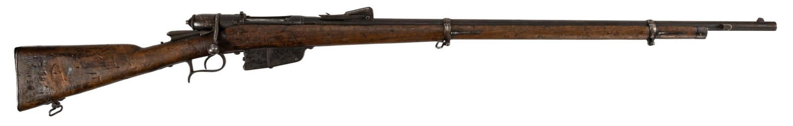 Italian Vetterli Carcano 1870/87/15 6.5 Carcano Bolt Action Rifle: Serial: NSN Manufacturer: Vertterli Carcano Model: 1870/87/15 Caliber: 6.5 Carcano Barrel length: 34 in. OAL: 53 in. Condition: Fair: Walnut stock has heavy handling marks throughout with a crack on t