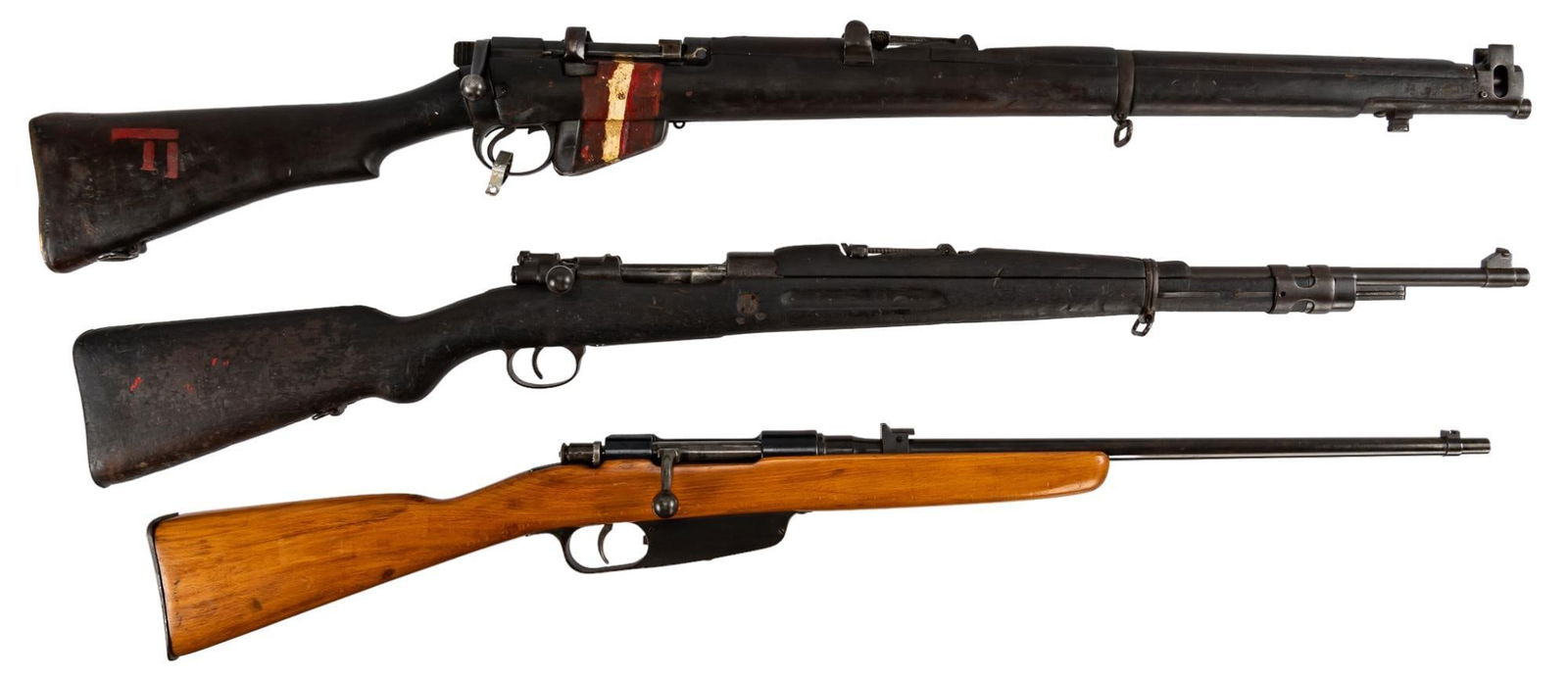 Lot of 3 Rifles: Carcano, MKIII Drill Purpose; FN Mauser 98: Serial: (1) NSN; (2) 62968; (3) 99677 Manufacturer: (1) Terni Arsenla-Italy (c. 1939); (2) RFI-India (c. 1957); (3) FN-Belgium / CAI Model: (1) M39; (2) No.1 MKIII Drill Purpose; (3) M98 Caliber: (1)