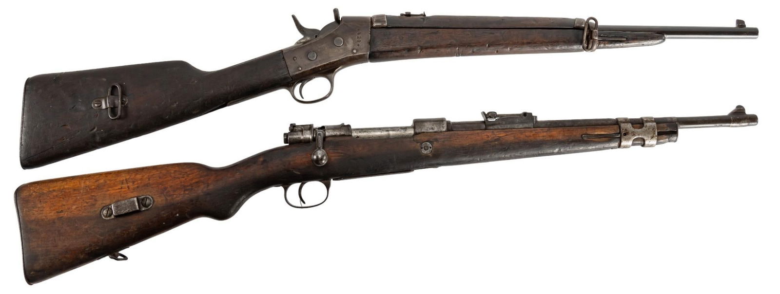 Pair of Poor Condition 7mm Mauser Rifles: Remington Rolling Block, Mexican Mauser: Serial: (1) *420*; (2) 2902 Manufacturer: (1) Remington Arms Co. Inc.; (2) Fab Nat D'Arnes de Guerre-Belgium / Century Arms import Model: (1) Rolling Block Carbine; (2) Republic Mexicana M24 Calib