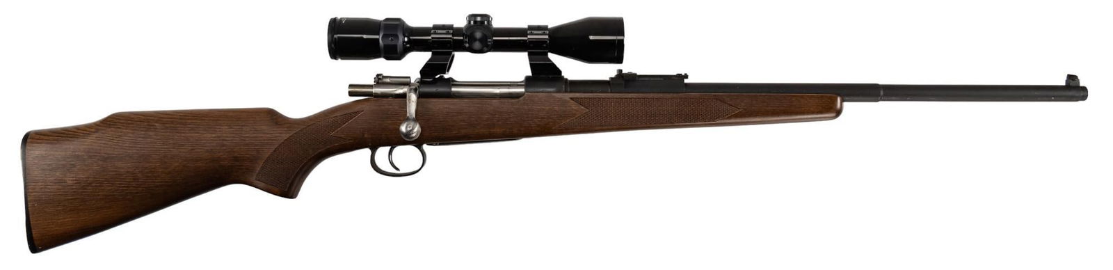 Sporterized Chilean Mauser 95 308 Winchester Bolt Action Rifle: Serial: F7821 Manufacturer: Ludwig Loewe-Germany Model: Mauser 95 Caliber: 308 Win Barrel length: 22 in OAL: 43 in Condition: Very Good: wood stock has very light handling marks; barrel & receiver