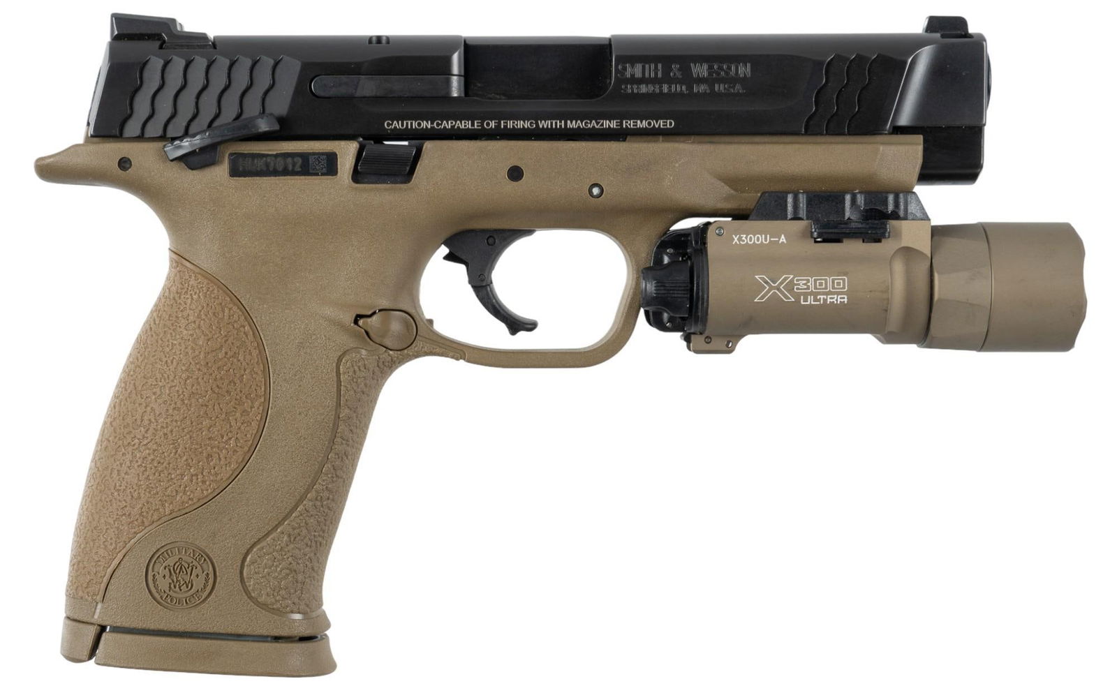 Smith & Wesson M&P 45 ACP Pistol W/ Surefire X300 Ultra Light: Serial: HUK7012 Manufacturer: Smith & Wesson Model: M&P 45 Caliber: 45 ACP Barrel length: 4.5 in. OAL: 8.25 in. Condition: Very Good; synthetic frame has very light handling marks; slide &