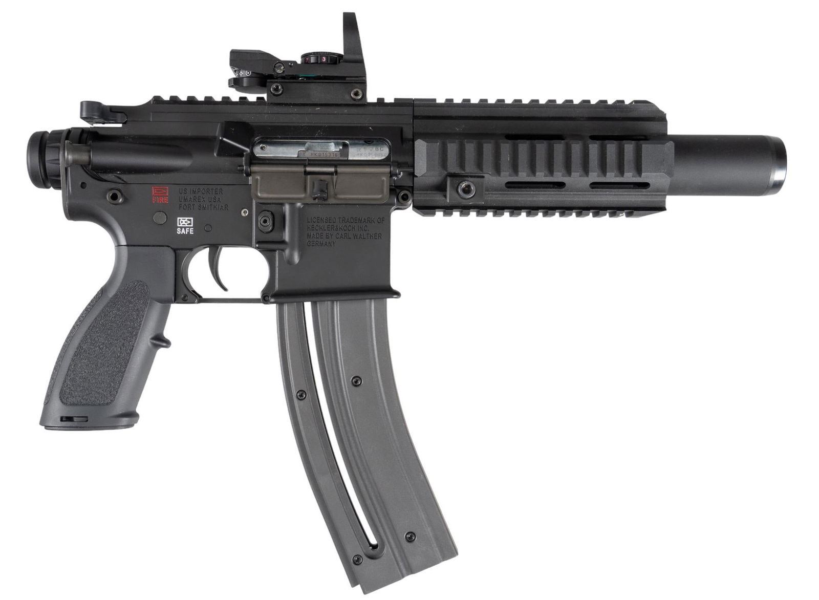 H&K Walther HK 416 22 LR Semi Auto Pistol: Serial: HK015316 Manufacturer: Walther (under license from H&K) Model: HK 416 Caliber: 22 LR Barrel Length: 8.5 In OAL:17.25 in. Condition: Very Good; handguard and grip have light handling marks;