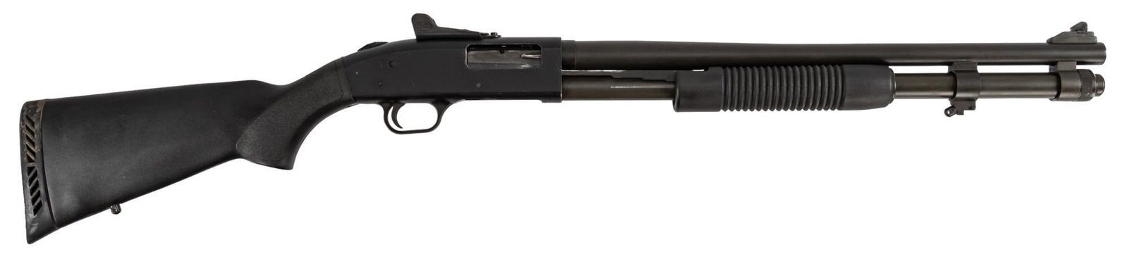 Mossberg 590 12 Gauge Pump Action Shotgun: Serial: L678505 Manufacturer: Mossberg Model: 590 Caliber: 12 Gauge (3 inch) Barrel length: 20 in. (fixed cylinder choke) OAL: 41 in. Condition: Very Good: Black polymer stock and forend have very lig