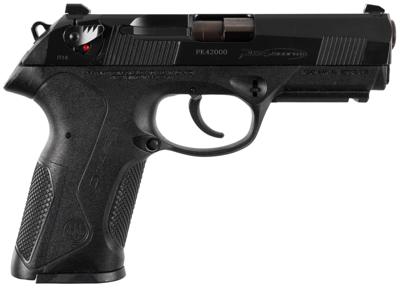 Beretta PX4 Storm 45 ACP Semi Auto Pistol: Serial: PK42000 Manufacturer: P. Beretta-Italy / Beretta USA Model: PX4 Storm Caliber: 45 ACP Barrel length: 4 in. OAL: 8 in. Condition: Very Good; very light handling marks throughout; bore is excell