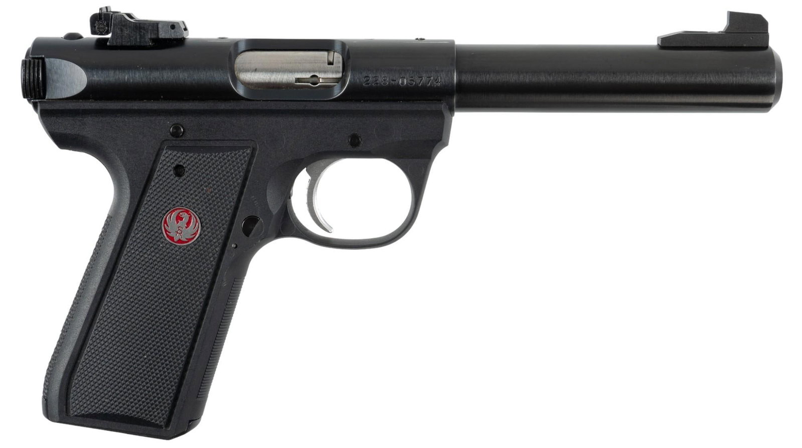 Ruger 22/45 MK II Target 22 LR Pistol: Serial: 228-05774 Manufacturer: Sturm, Ruger & Co. Model: 22/45 MK II Target Caliber: 22 LR Barrel length: 5.5 in. OAL: 10 in. Condition: Excellent; very light handling marks; wear on top of frame