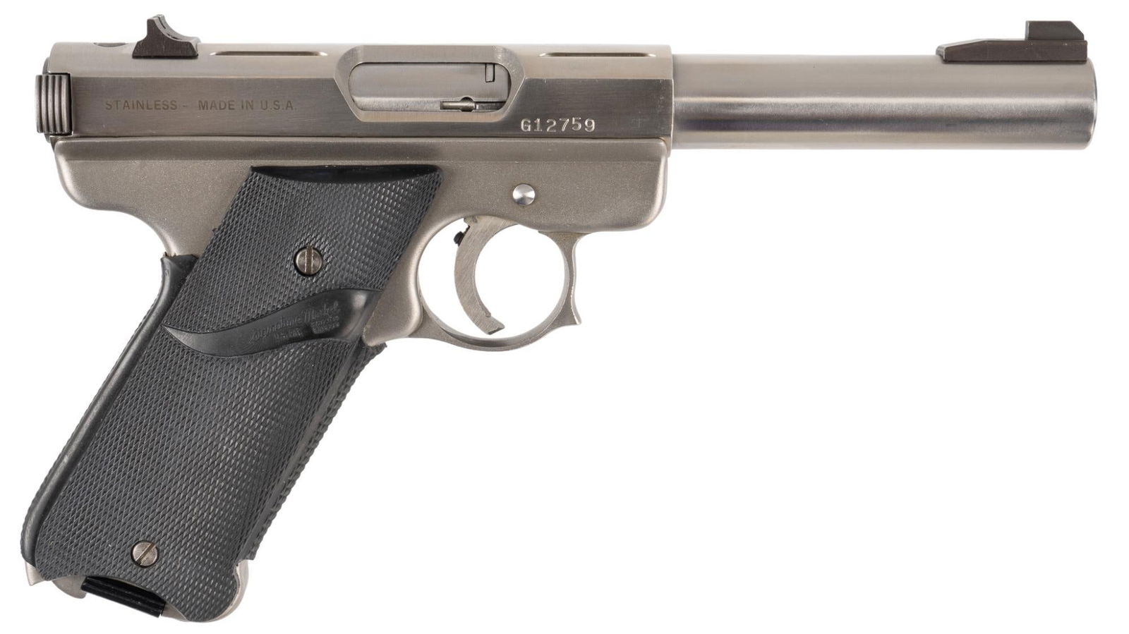AMT Lightning 22 LR Semi Auto Pistol: Serial: G12759 Manufacturer: AMT Model: Lightning Caliber: 22 LR Barrel length: 5 in. OAL: 9.25 in. Condition: Good; rubber grips have light handling marks; barrel & frame have light handling mark