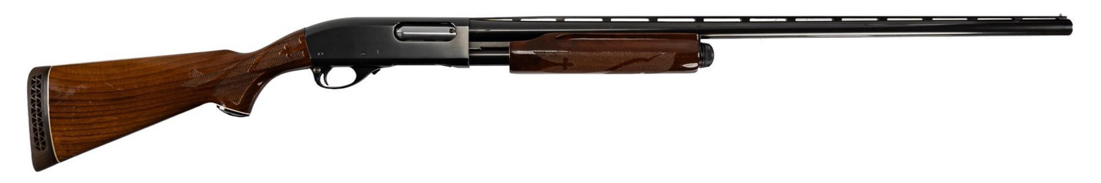 Remington 870 Wingmaster 12 Gauge Pump Action Shotgun: Serial: V654865V Manufacturer: Remington Model: 870 Wingmaster Caliber: 12 Gauge (2 3/4 in) Barrel length: 30 in. (Fixed full choke) OAL: 50.5 in. Condition: Good- Very Good; Walnut stock & forend