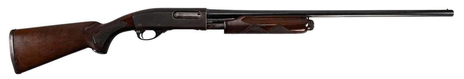 Remington 870 Wingmaster 16 Gauge Pump Action Shotgun: Serial: 384164W Manufacturer: Remington Model: 870 Wingmaster Caliber: 16 Gauge (2 3/4 in) Barrel length: 28 in. (fixed Mod choke) OAL: 48.5 in. Condition: Good - Fair: Walnut stock & forend have 