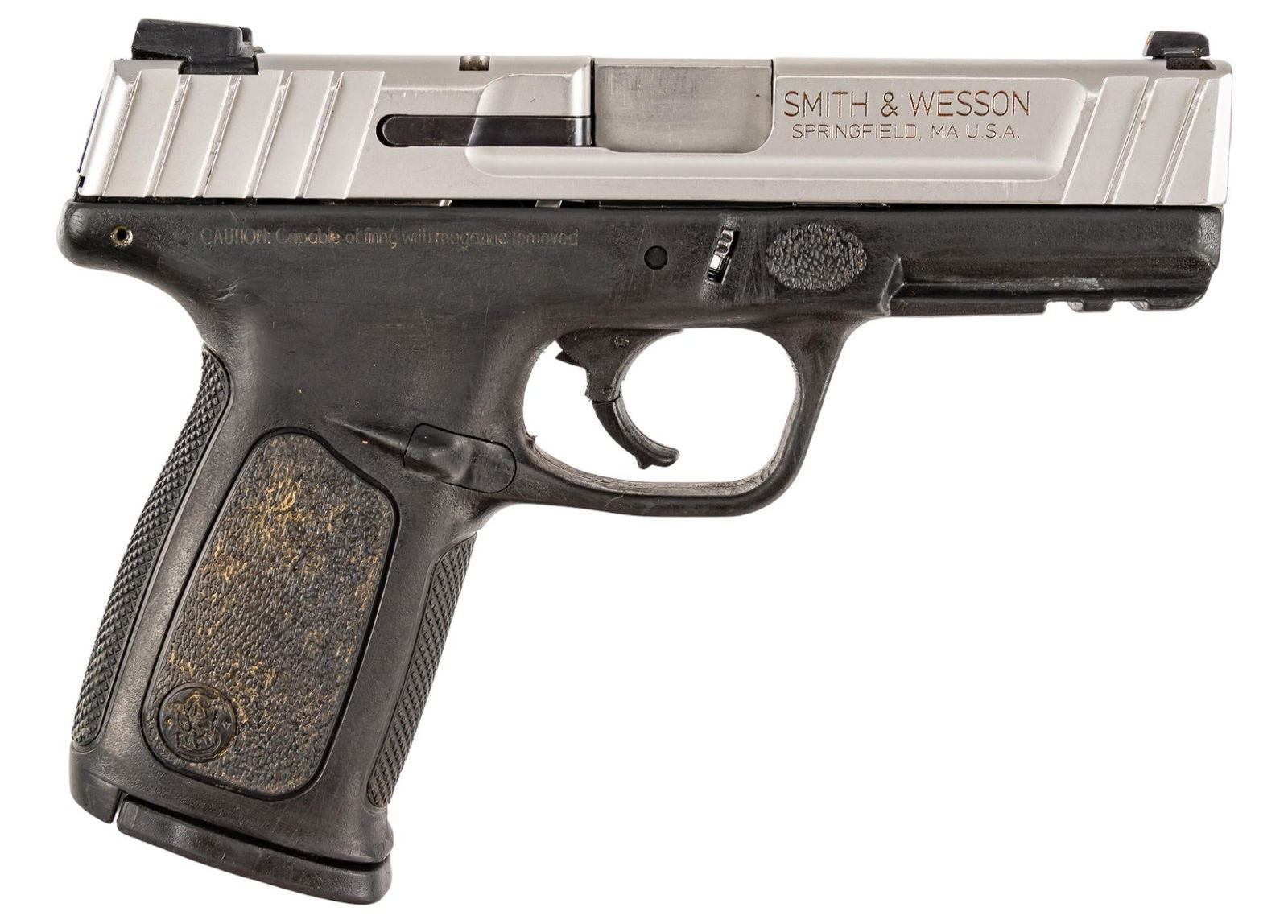 Smith & Wesson SD40 VE 40 S&W Semi Auto Pistol: Serial: FDK2761 Manufacturer: Smith & Wesson Model: SD40 VE Caliber: 40 S&W Barrel length: 4 in. OAL: 7.25 in. Condition: Good - Fair : polymer frame has handling marks with what appears to be