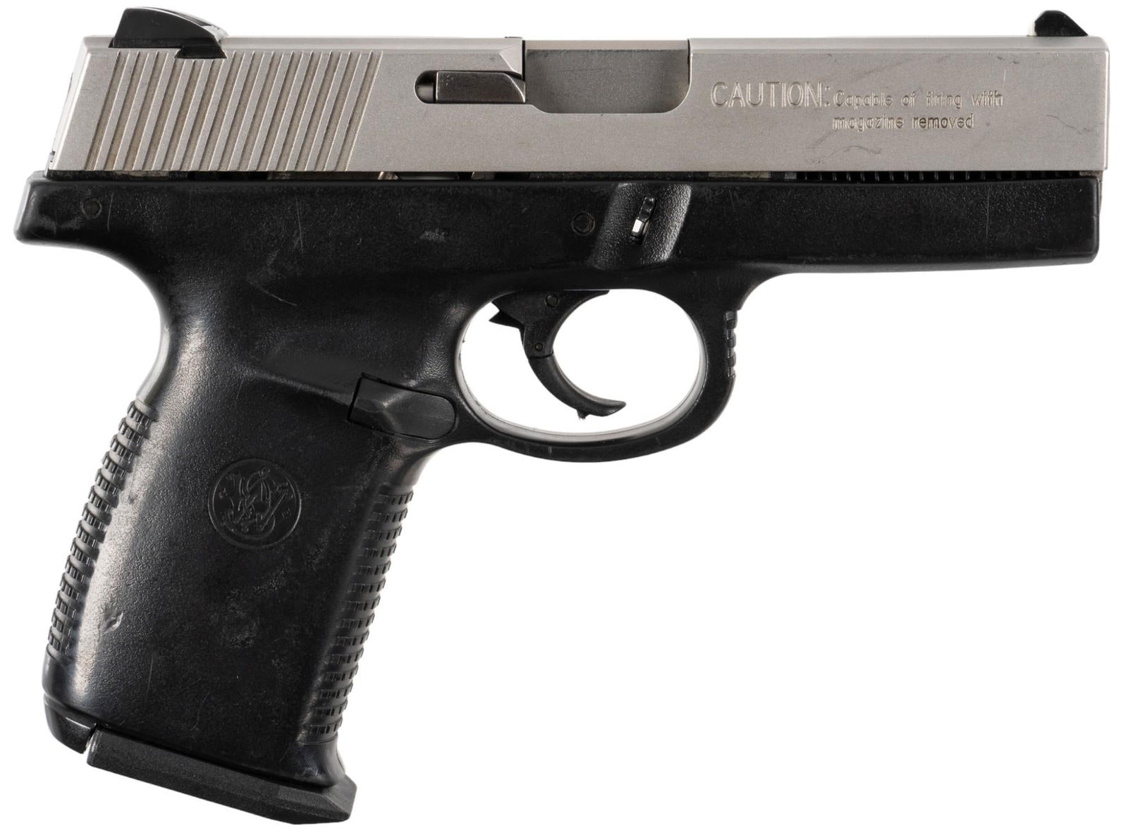 Smith & Wesson SW9V 9mm Semi Auto Pistol: Serial: PAY3435 Manufacturer: Smith & Wesson Model: SW9V Caliber: 9mm Barrel length: 4 in. OAL: 7.5 in. Condition: Good; moderate handling marks throughout; bore is good & bright w/ strong rif