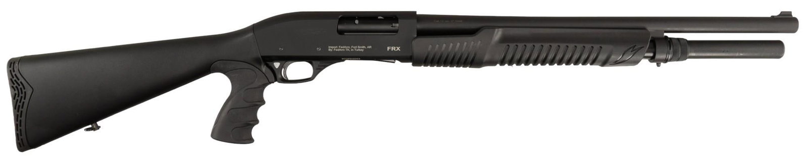 FedArm FRX 12 Gauge Pump Action Shotgun: Serial: B22PX0053 Manufacturer: Berika Arms, Turkey Model: FRX Caliber: 12 Gauge (3 in) Barrel length: 20 in. fixed cylinder choke OAL: 41 in. Condition: Very Good: polymer stock and forend have light