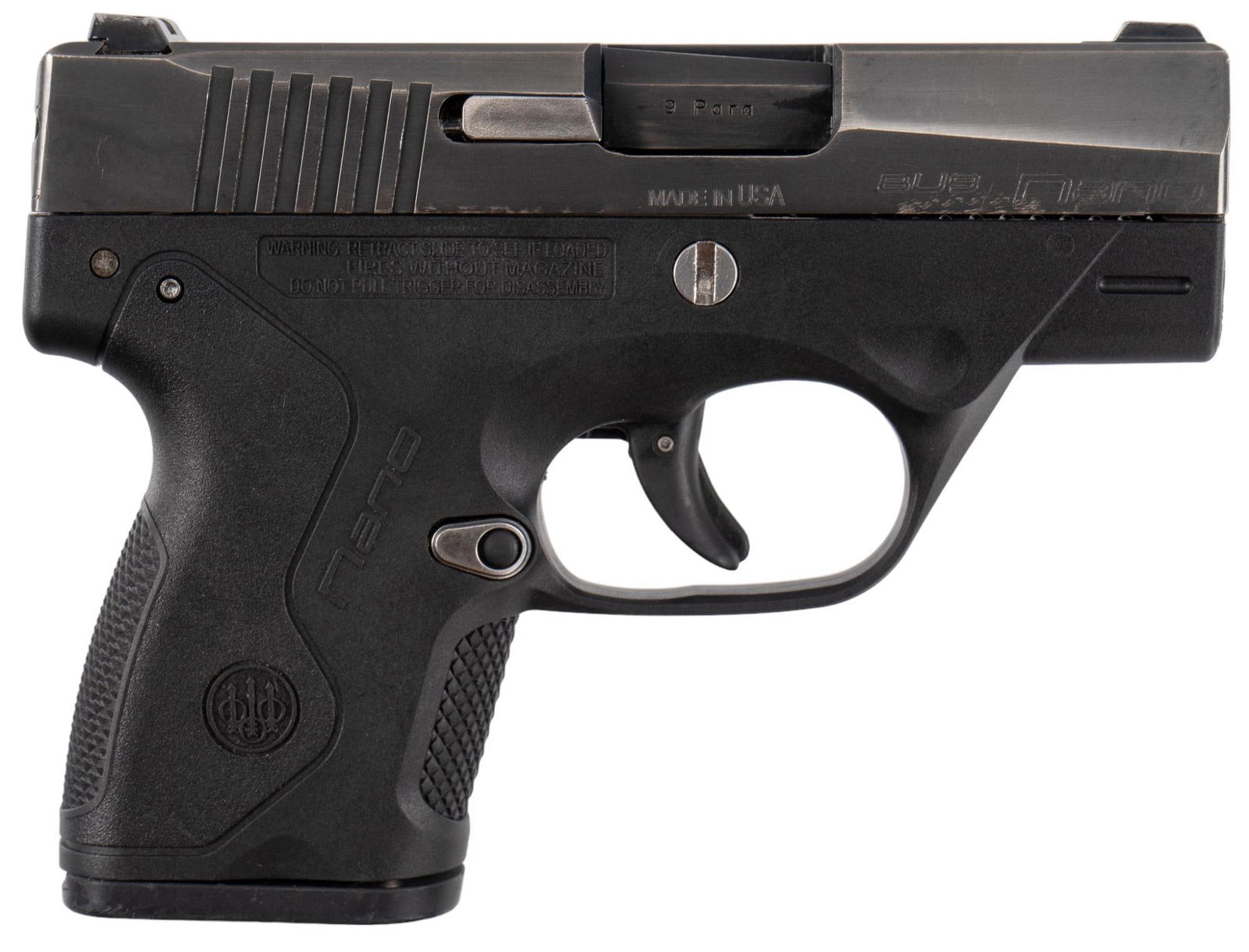 Beretta BU9 Nano 9mm Semi Auto Pistol: Serial: NU055736 Manufacturer: Beretta Model: BU 9 Nano Caliber: 9mm Barrel length: 3.1 in. OAL: 5.5 in. Condition: Good: polymer fame has very light handling marks; slide has handling marks througho