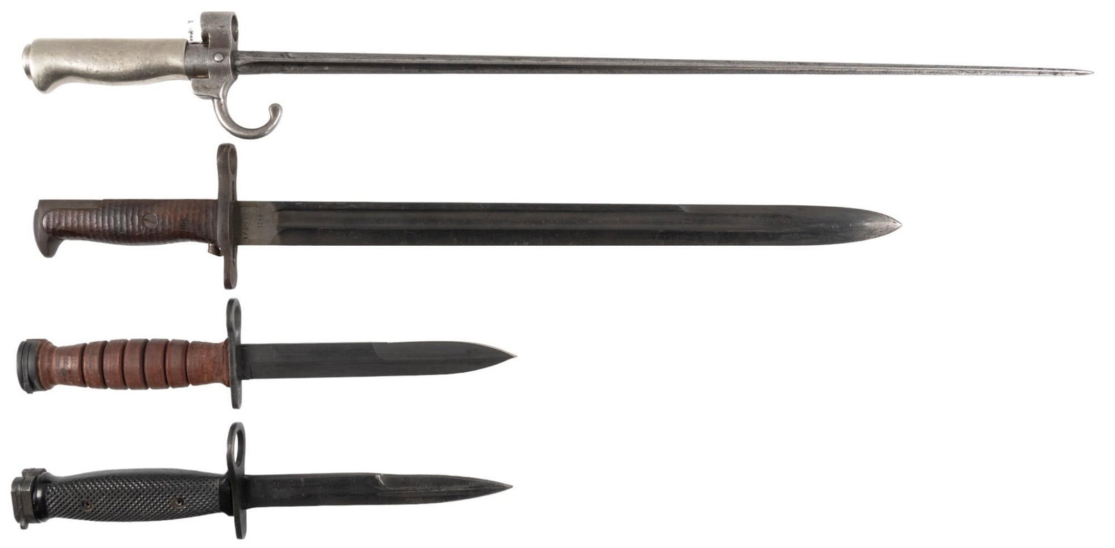 Collection of 4 Mixed Bayonets: US & French: Manufacturer: (1) Springfield Armory; (2) Unknown French; (3) Camillus; (4) Milpar Model: (1) M1905; (2) M1886 Lebel; (3) US M4; (4) US M7 Blade Length: (1) 16 in.; (2) 20.5 in.; (3) 6.625 in.; (4) 6.