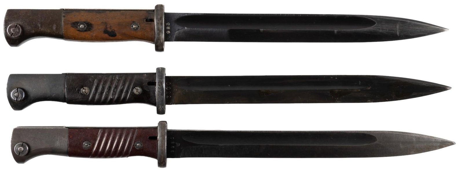 Collection of 3 Excellent German K98 Bayonets W/ Scabbards: Manufacturer: (1) Berg & Co., Solingen Ohligs; (2) Carl Eickhorn, Solingen; (3) E. & F. Horster, Solingen Model: (1) 84/98 III; (2) 84/98 III Riveted grip; (3) 84/98 III Marked: (1) "44 / 