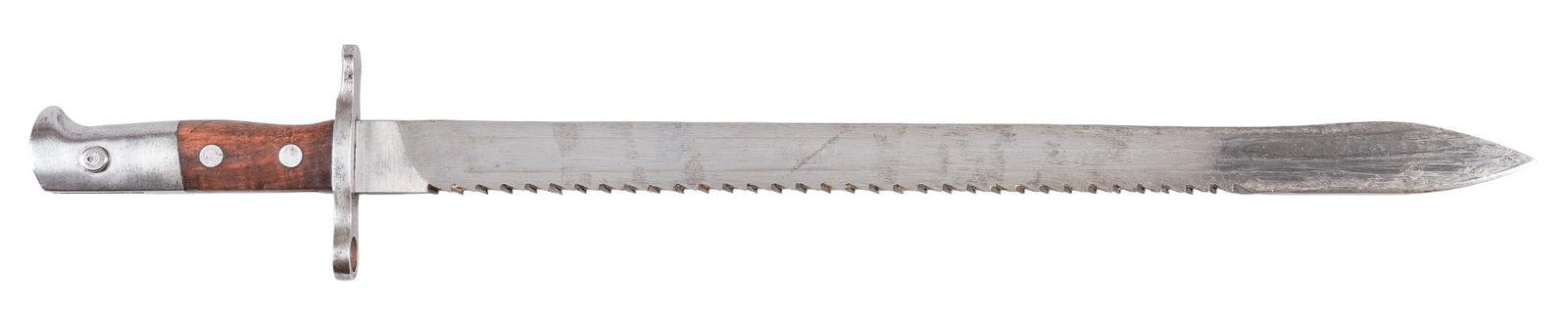 Swiss WWI M1914 HS Saw-Back Bayonet W/ Scabbard & Frog: Manufacturer: Hans Steimer (HS) Model: 1914 Saw-Back Marked: "50892" serial number; "L. SCHAUB" on belt frog Blade Length: 19 in. OAL: 24 in. Condition: Very Good; light wear & pit