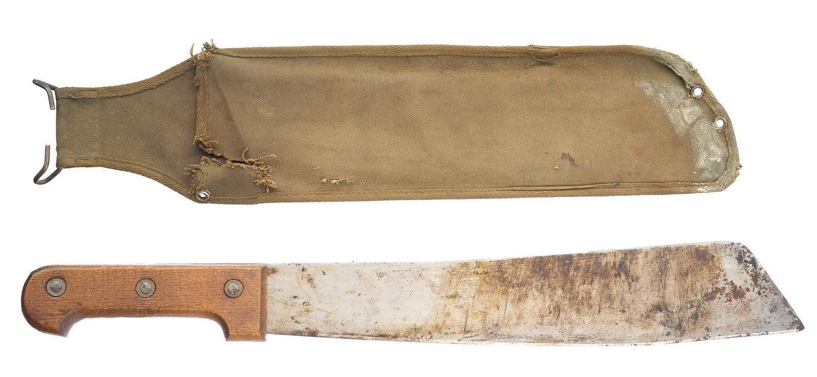 French Military Indochina Senegalese "Coup-Coup" Machete: Blade Length: 14.25 in. long Overall Length: 20.25 in. long Condition: Good; wood handle has minimal handling marks for age w/ slight jiggle; blade wear & patina commensurate w/ age & use; she