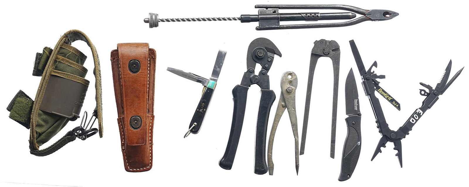Collection of US Military Field Tools: Includes: -US LAN-CAY M11 EOD Tool Pac pouch w/ Gerber MP600 multi-tool & Kershaw #1550 Blackout series pocket knife -US Military M1938 wire cutters -USGI M-2 engineer demo tool blasting cap crimp