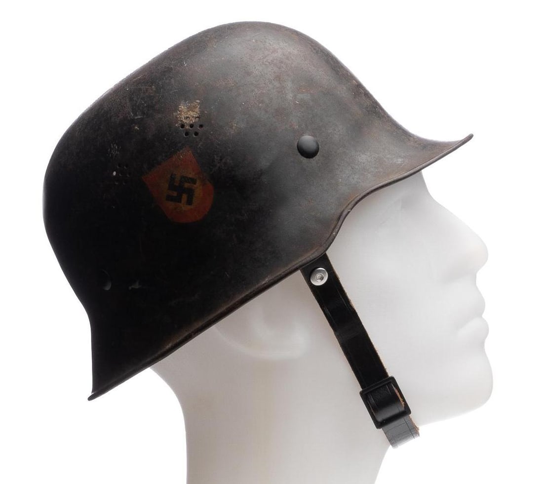 WWII German Police M34 Double Decal Helmet: Includes: Bordered Police decals on left & right sides of helmet; replacement leather liner w/ chinstrap; manufacture mark mostly illegible on inner skirt; liner marked "57-61" Condition: 