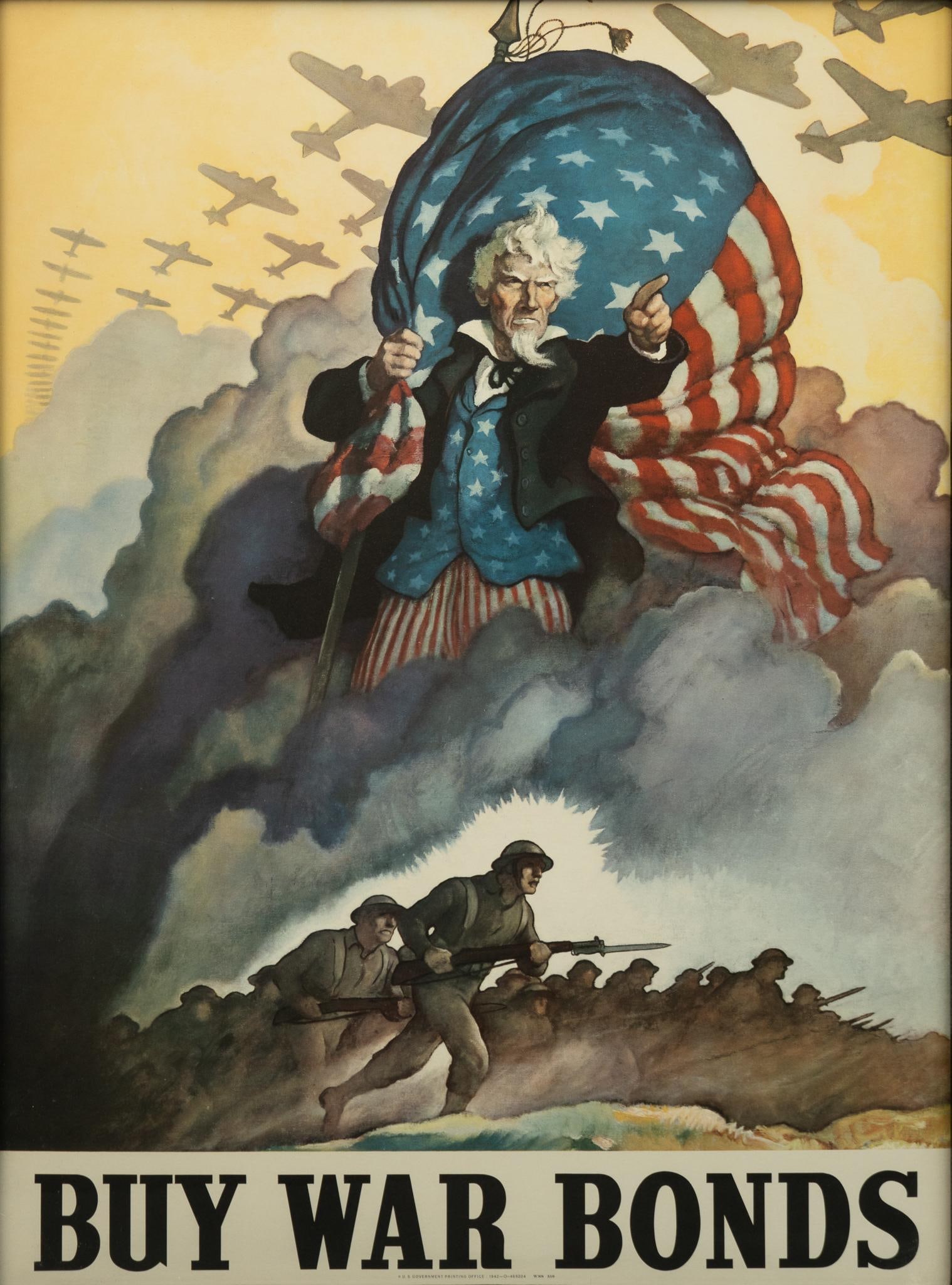 Original US WWII Newell Wyeth, "Buy War Bonds", c. 1942 Lithograph Poster Framed: Newell Convers Wyeth, "BUY WAR BONDS", c. 1942, US Government Printing Office, lithograph very nicely framed Excellent condition w/ little to no wear Image size: 39.5 H x 29 L in. Frame size: