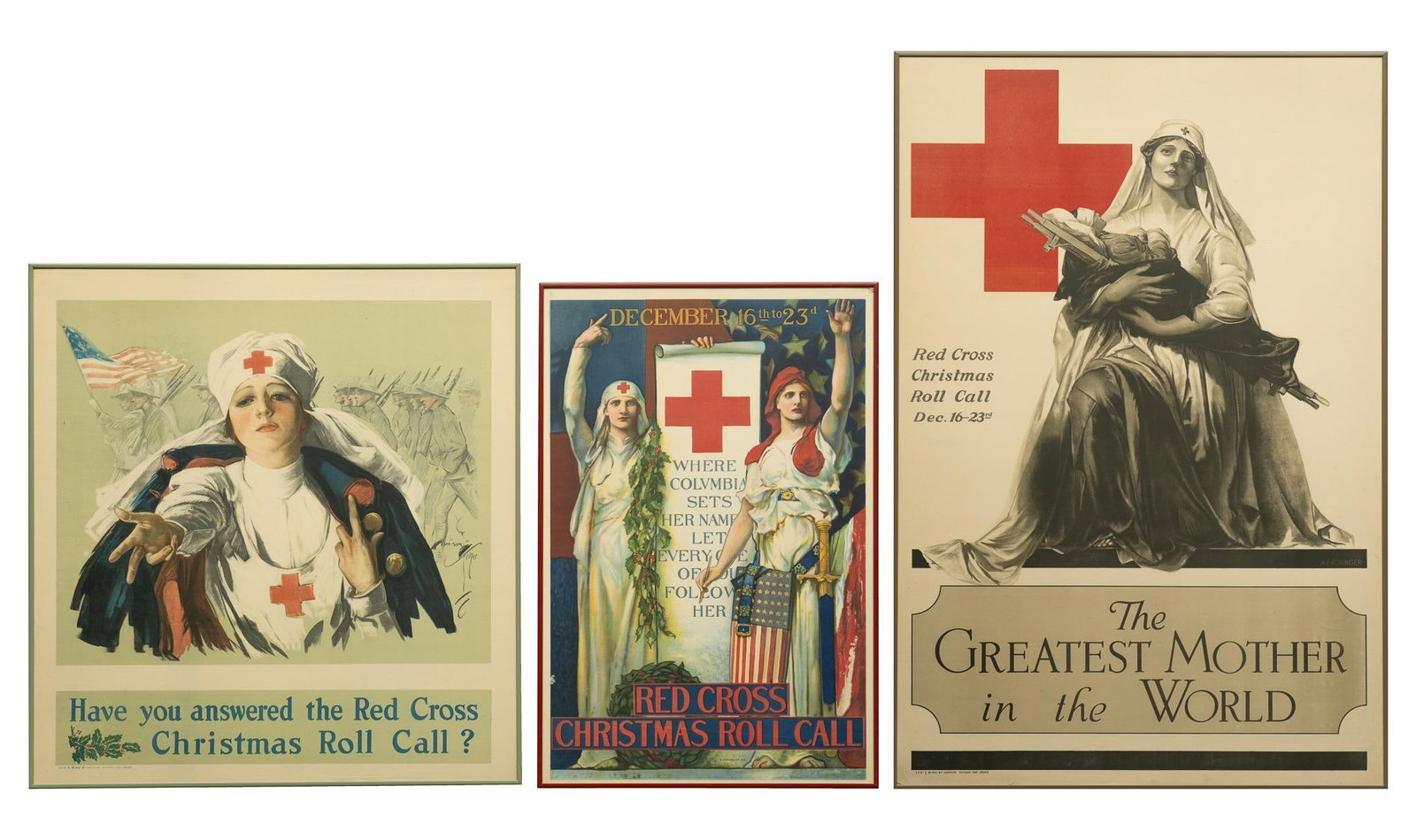 (3) Red Cross WWI Christmas Roll Call Posters: (3) Red Cross WWI Christmas Roll Call posters, to include: -"The Greatest Mother in the World", 1918 -"Where Columbia", 1918 -Harrison Fisher, Red Cross Christmas Roll Call Provenance: