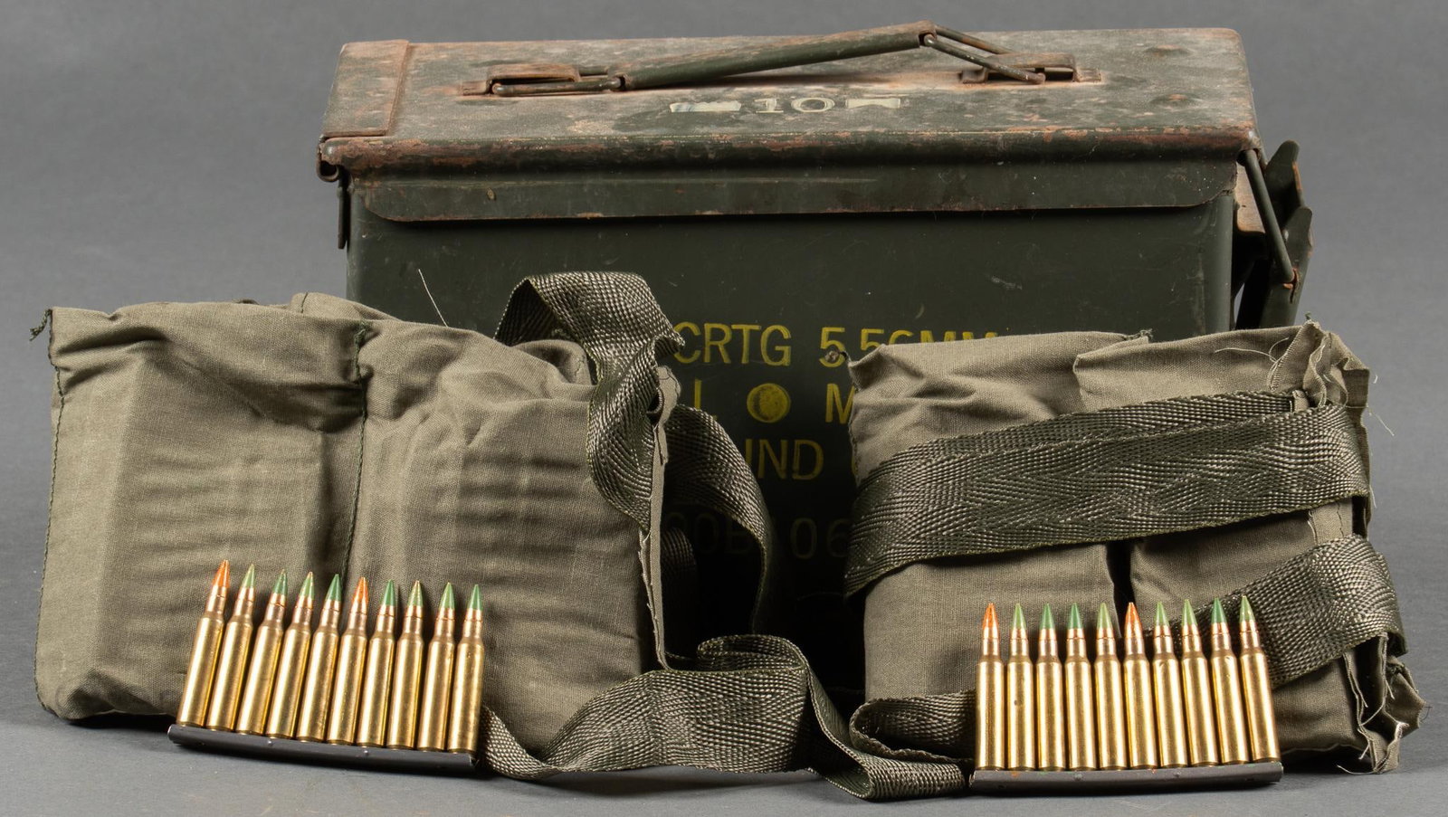 800 Rounds of 5.56 NATO M193 Bandoleer Stripper Clips: Includes: can w/ 4 x bandoleers on stripper clips -800 rds of 5.56 NATO Ball M193 (10-rd clips); (1/5 tracers) -Lake City mfg. Provenance: A Highland Oaks, Texas estate Shipping available for this lot