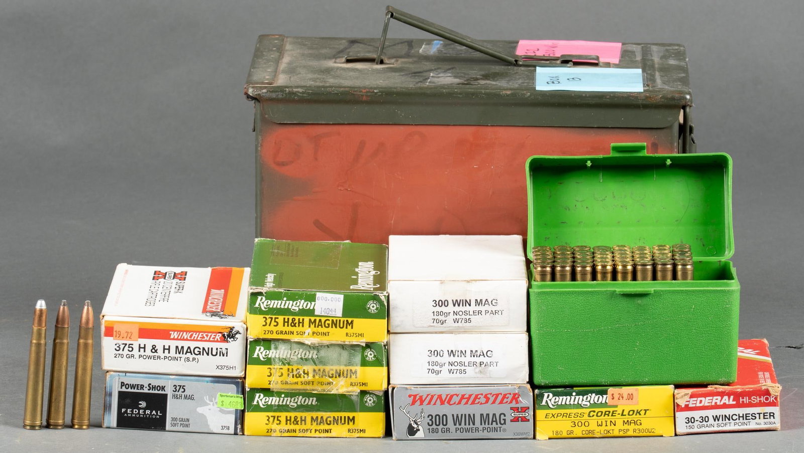 240 Rounds of 30-30, 300 Win Mag, 375 H&H Mag: Includes: -40 rounds of Reloaded 300 Win Mag 180 gr Nosler Partition SP -20 rounds of Winchester Power Point 300 Win Mag 180 gr SP -17 rounds of Remington Core-lokt 300 Win Mag 180 gr PSP -40 rounds o