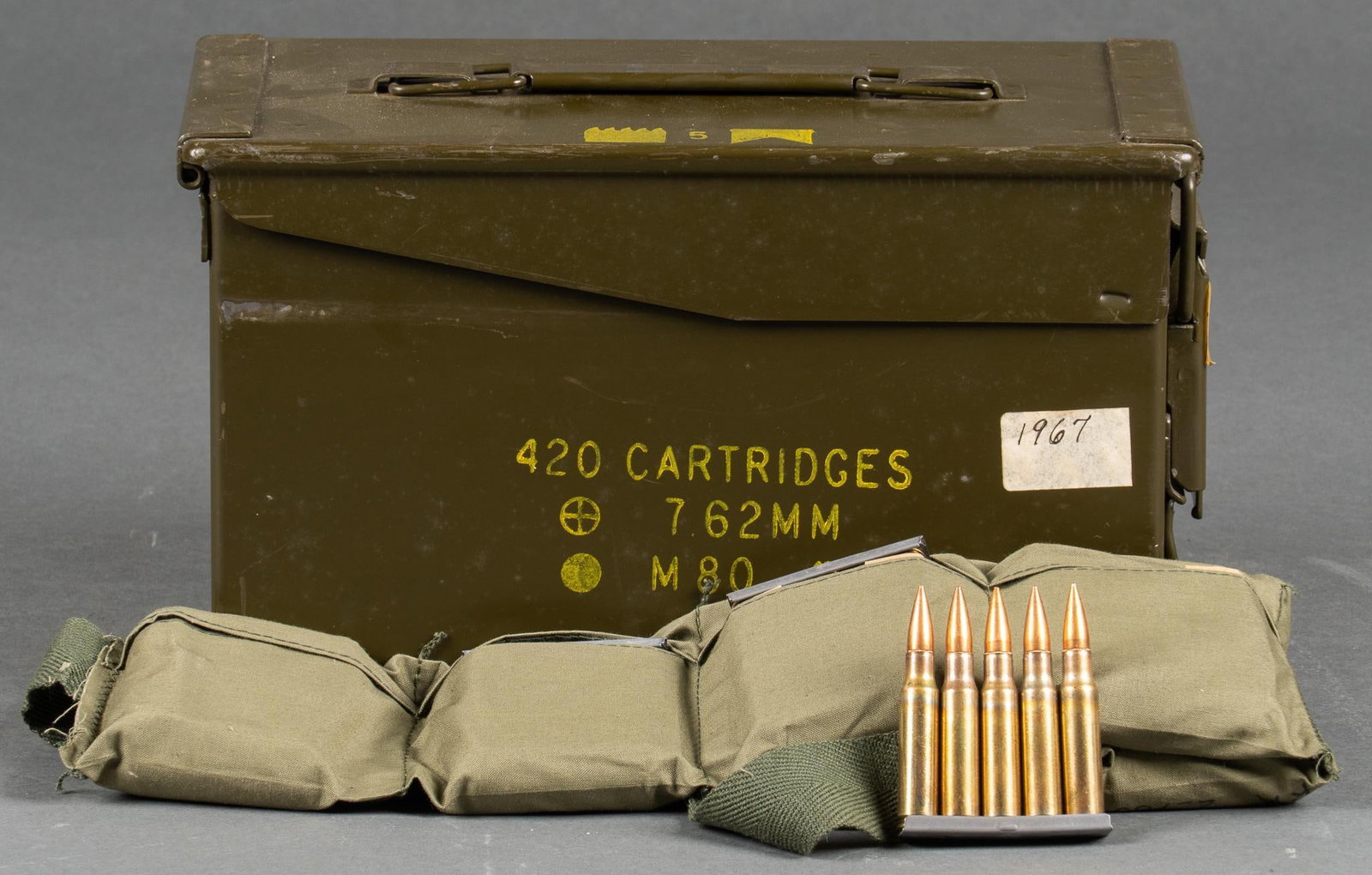 360 Rounds of WRA M80 308 Ball Ammunition in Bandoleers: Includes: -ammunition can of 6 bandoleers of 60-rds; 12 x 5-rd stripper clips in cartons -matching Lot: WRA 22786 -"67" headstamp Provenance: A Castle Hills, Texas estate Shipping available fo