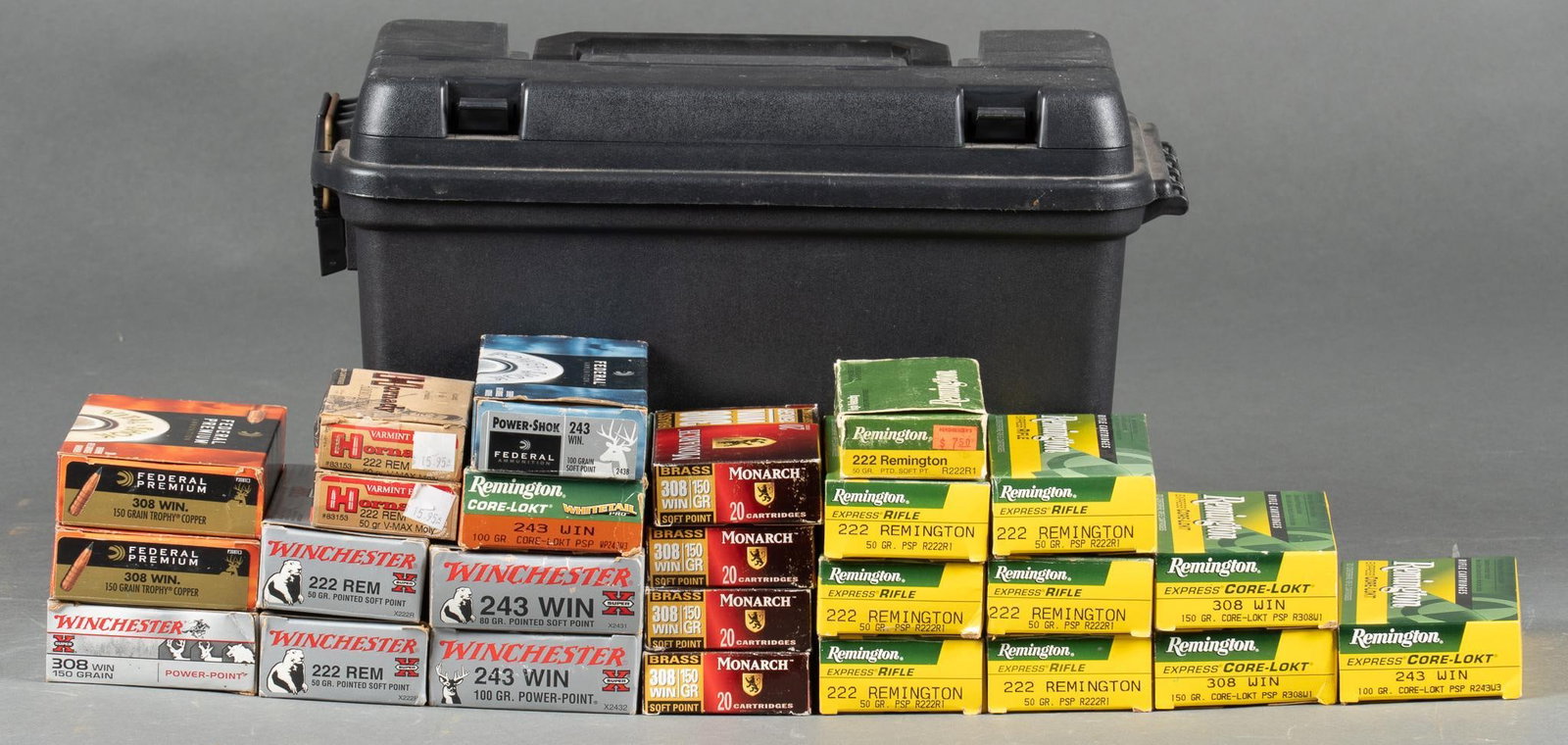 457 Rounds of 308 Win, 243 Win, 222 Rem Ammunition: Includes: -140 rounds of Remington 222 Rem 50gr.PSP -40 rounds of Winchester 222 Rem 50gr. PSP -40 rounds of Hornady 222 Rem 50gr. V-Max -31 rounds of Remington 243 Win 100gr. PSP -20 rounds of Winche