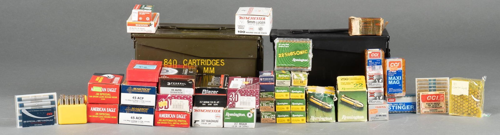 2200 Rounds of 38 SPL, 357 Mag, 45 ACP, 9mm, 25 ACP, 22 Mag & 22 LR Ammunition: Includes: -357 Mag: (10) rds CCI Shotshell 38 Special / 357 Mag; (49) rds Remington 125gr. JSP; (50) rds Winchester 110gr. JHP; (50) rds 3-D (remanufactured) 158gr. SWC; (50) rds Blazer 158gr. JHP; 7 