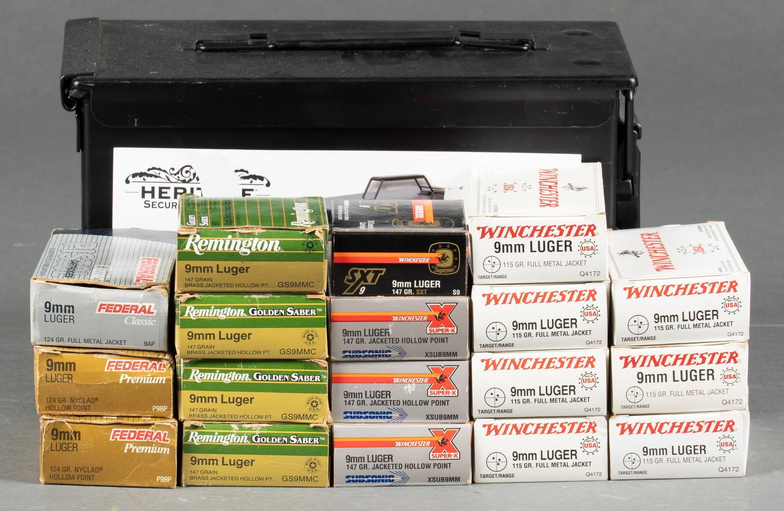 Approx. 647 Rounds of Mixed 9mm Ammunition: Includes: -350 rds of Winchester 115gr. FMJ -20 rds of Federal Classic 124gr. FMJ (some oxidation on brass) -78 rds of Federal Premium 124gr. Nyclad HP -75 rds of Winchester Super-X Subsonic 147gr. JH