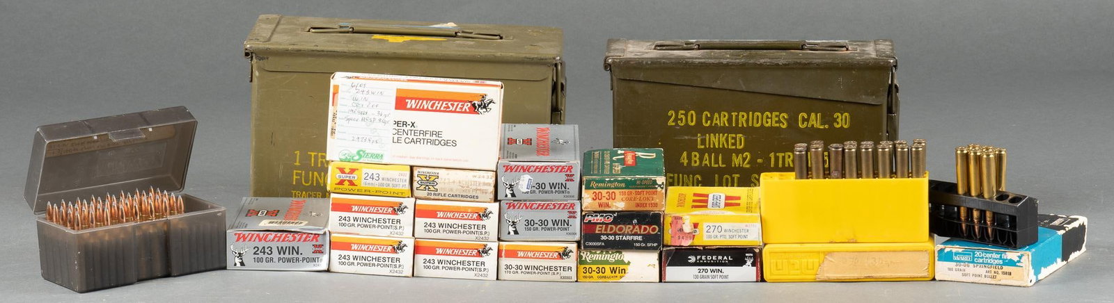 336 Rounds of Mixed Rifle Ammo: 30-30, 243, 270, 30-06: Includes: -30-30: (9 rds) PMC Starfire Eldorado 150gr. SFHP; (27 rds) Winchester Super-X 150gr. PP; (14 rds) Winchester Super-X 170gr. PP: (29 rds) Remington 150gr. SP Core-Lokt -30-06: (6 rds) Reming