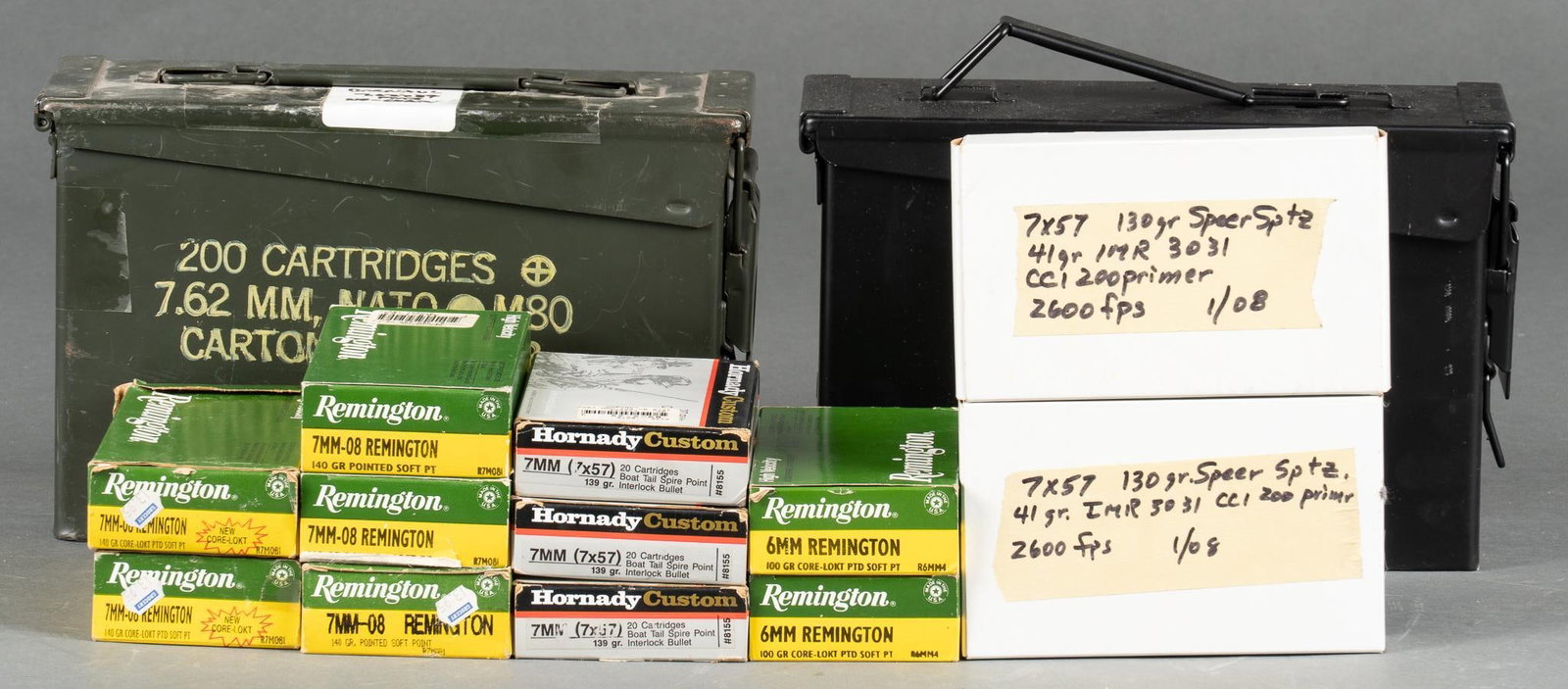 200 Rounds of Remington 7mm-08, 6mm Rem, 7mm Mauser Ammunition: Includes: -87 rds of Remington 7mm-08 140gr. PSP -40 rds of Remington 6mm Rem 100gr. PSP -42 rds of Hornady 7mm Mauser 139gr. BTSP -32 rds of reloaded 7mm Mauser 130gr. Speer Spitz Note: We do not gua