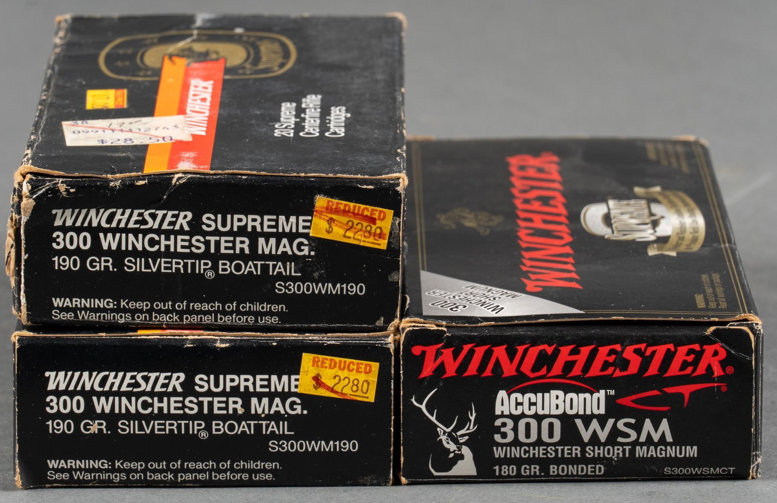 49 Rounds of Winchester 300 WSM & 300 Win Mag Ammunition: Includes: -16 rds of Winchester Supreme Accubond 300 WSM 180gr. bonded -33 rds of Winchester Supreme 300 Win Mag 190gr. Silvertip BT Provenance: A Temple, Texas estate Shipping available for this lot 