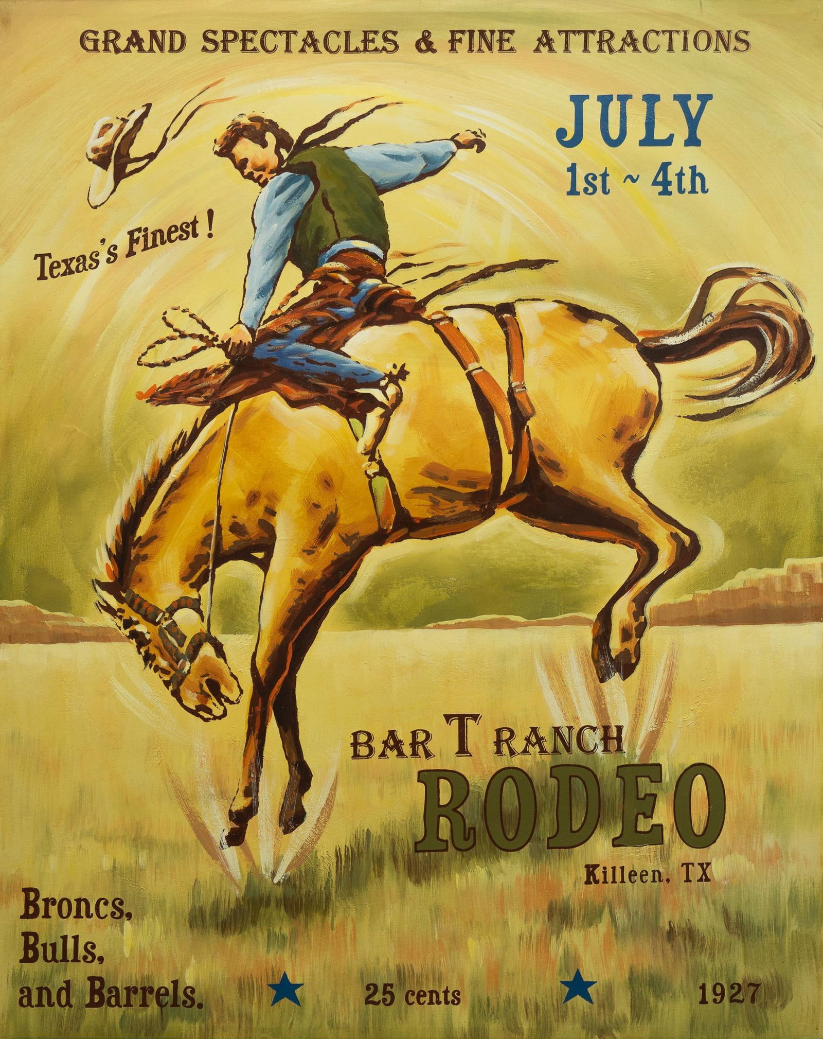 Texas Rodeo Vintage Style Painting: Vintage style hand-painted Rodeo advertisement, oil on canvas, decorative contemporary painting size: 50 x 40 in., not framed Provenance: Property from the estate of a San Antonio, Texas gentleman Shi